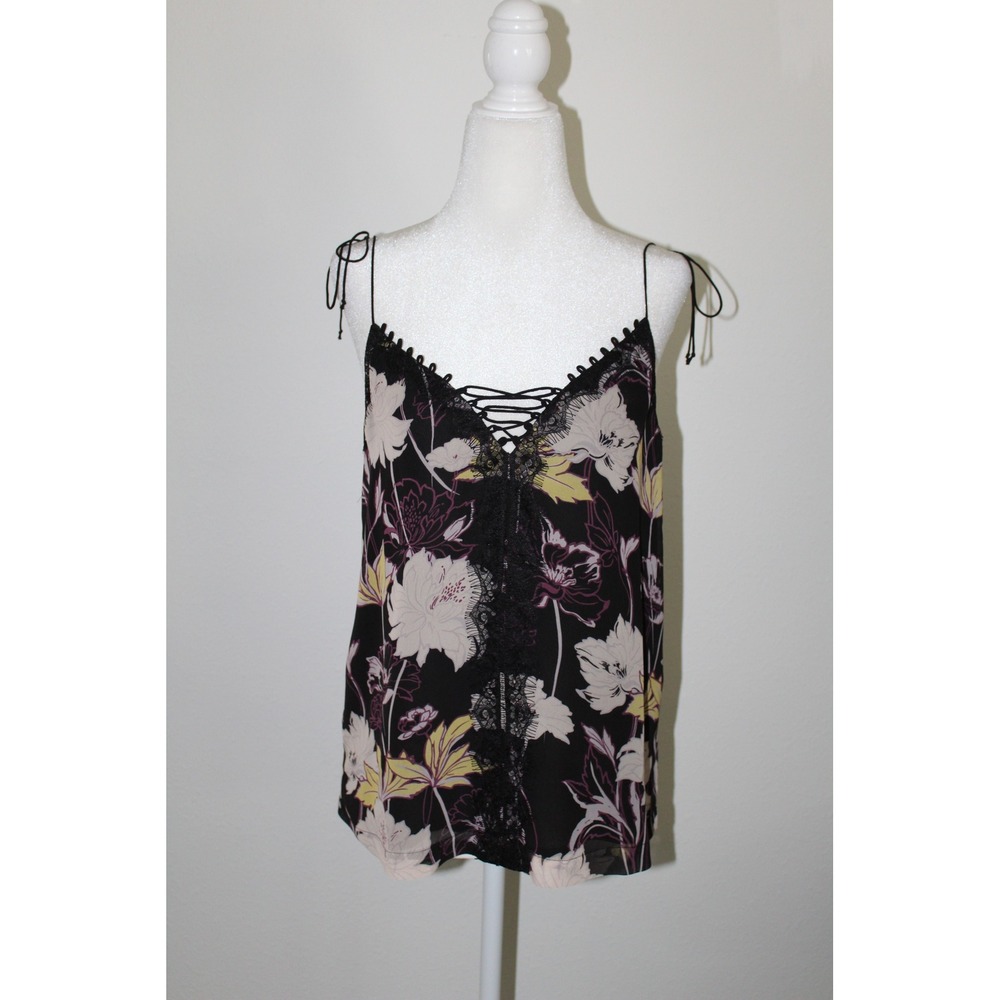 Ella Moss Floral Lace Up Cami Top Black Purple Eyelash‎ Lace Tie Strap Small